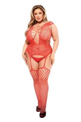 BACI KORSET SPREDNJI PODVEZEK RIBJA MREŽA BODYSUIT RDEČA, KRALJICA