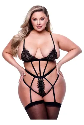 SEXY STRAPPY LACE TEDDY WITH GARTERS BLACK, QUEEN