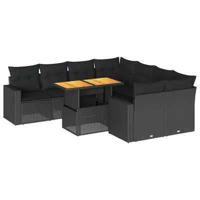 vidaXL Vrtna sedežna garnitura 9-delna z blazinami črn poli ratan