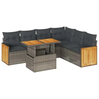 vidaXL Vrtna sedežna garnitura z blazinami 7-delna siv ratan/akacija