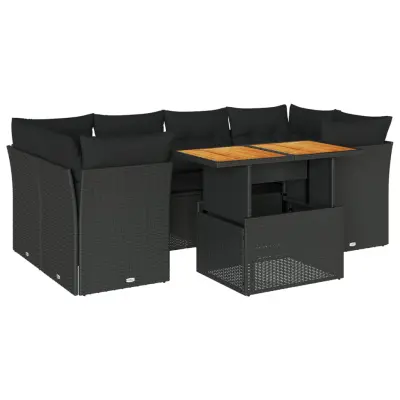 vidaXL Vrtna sedežna garnitura 7-delna z blazinami črn poli ratan