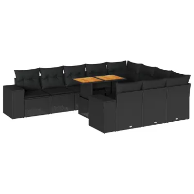 vidaXL Vrtna sedežna garnitura z blazinami 10-delna črn ratan/akacija