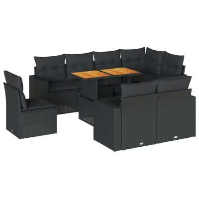 vidaXL Vrtna sedežna garnitura 9-delna z blazinami črn poli ratan