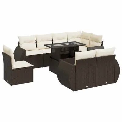 vidaXL Vrtna sedežna garnitura 9-delna z blazinami rjava poli ratan