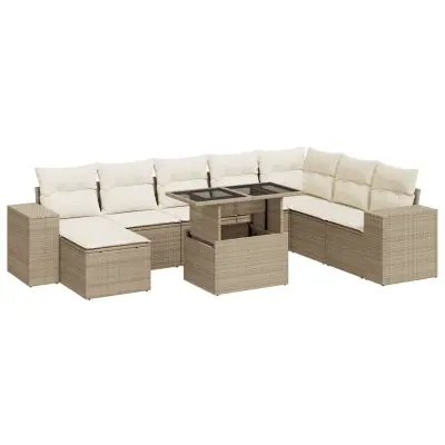 vidaXL Vrtna garnitura 9-delna z blazinami bež poli ratan