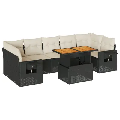 vidaXL Vrtna sedežna garnitura 8-delna z blazinami črn poli ratan