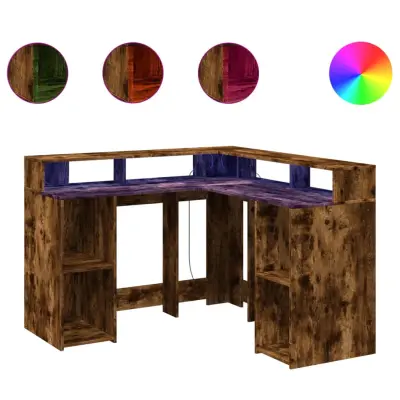 Pisalna miza - Računalniška miza z LED lučkami dimljeni hrast 130x130x91cm inž. les