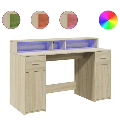 Pisalna miza - Računalniška miza z LED lučkami sonoma hrast 140x55x91 cm inž. les