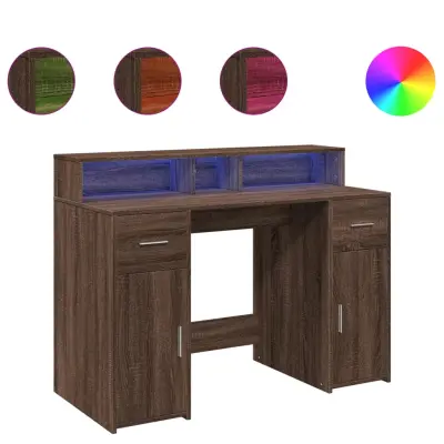 Pisalna miza - Računalniška miza z LED lučkami rjavi hrast 120x55x91 cm inž. les