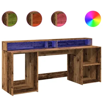 Pisalna miza - Računalniška miza z LED lučkami starinski les 200x55x91 cm inž. les