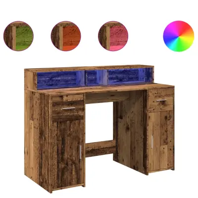 Pisalna miza - Računalniška miza z LED lučkami starinski les 120x55x91 cm inž. les