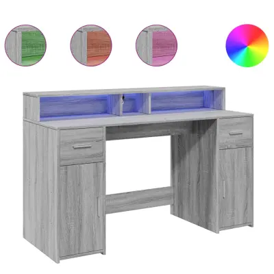 Pisalna miza - Računalniška miza z LED lučkami siva sonoma 140x55x91 cm inž. les