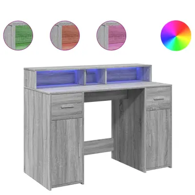 Pisalna miza - Računalniška miza z LED lučkami siva sonoma 120x55x91 cm inž. les