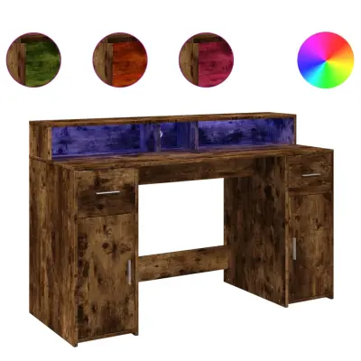 Pisalna miza - Računalniška miza z LED lučkami dimljeni hrast 140x55x91 cm inž. les