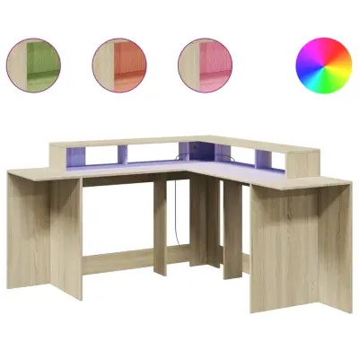 Pisalna miza - Računalniška miza z LED lučkami sonoma hrast 152x152x91 cm inž. les