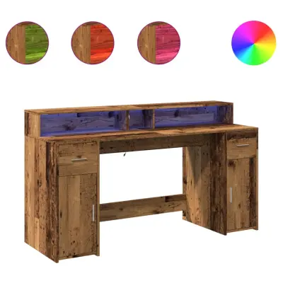 Pisalna miza - Računalniška miza z LED lučkami starinski les 160x55x91 cm inž. les