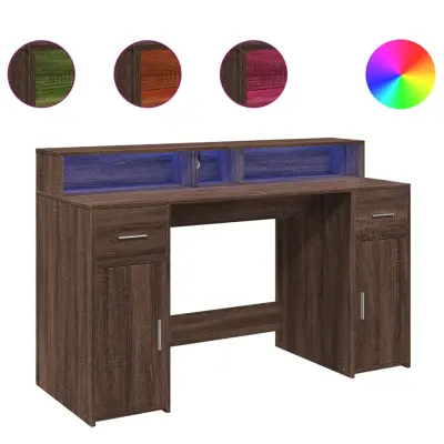 Pisalna miza - Računalniška miza z LED lučkami rjavi hrast 140x55x91 cm inž. les