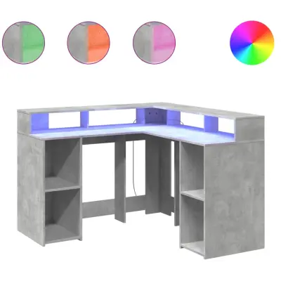 Pisalna miza - Računalniška miza z LED lučkami betonsko siva 130x130x91 cm inž. les