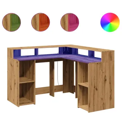 Pisalna miza - Računalniška miza z LED lučkami artisan hrast 130x130x91 cm inž. les