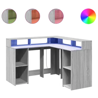 Pisalna miza - Računalniška miza z LED lučkami siva sonoma 130x130x91 cm inž. les
