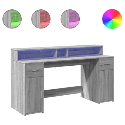 Pisalna miza - Računalniška miza z LED lučkami siva sonoma 160x55x91 cm inž. les