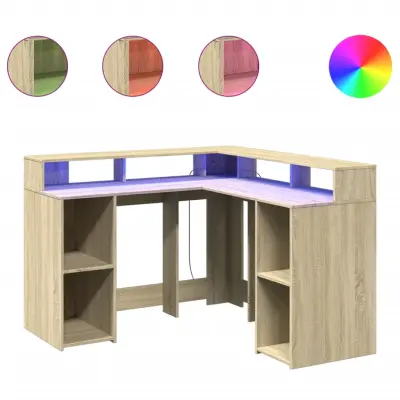 Pisalna miza - Računalniška miza z LED lučkami sonoma hrast 130x130x91 cm inž. les