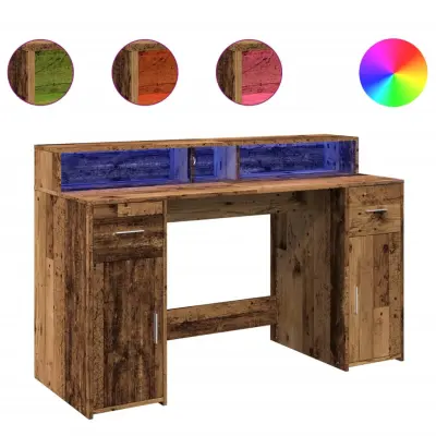 Pisalna miza - Računalniška miza z LED lučkami starinski les 140x55x91 cm inž. les