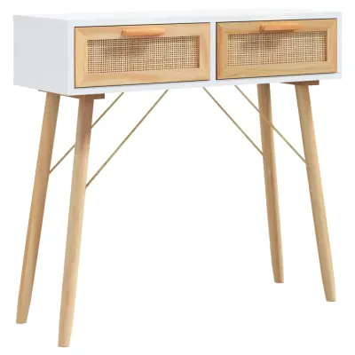 konzolna miza - miza ob steni bela 80x30x75cm trdna borovina in naravni ratan