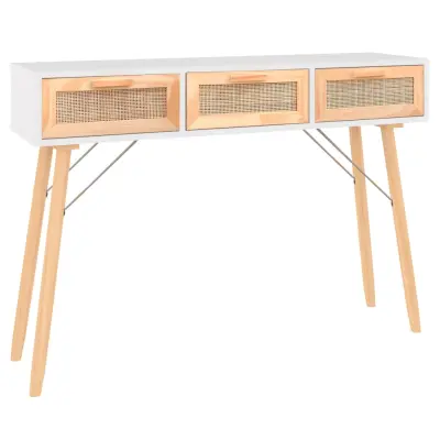 konzolna miza - miza ob steni bela 105x30x75 cm trdna borovina naravni ratan
