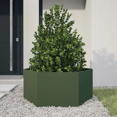Vrtno korito - Lonček za rože olivno zelena šestkotnik 104x90x45 cm jeklo