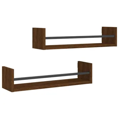 2 kosi Stenske Police - Viseče police s prečkami rjavi hrast 60x16x14 cm