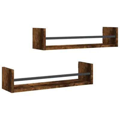 2 kosi Stenske Police - Viseče police s prečkami dimljen hrast 60x16x14 cm