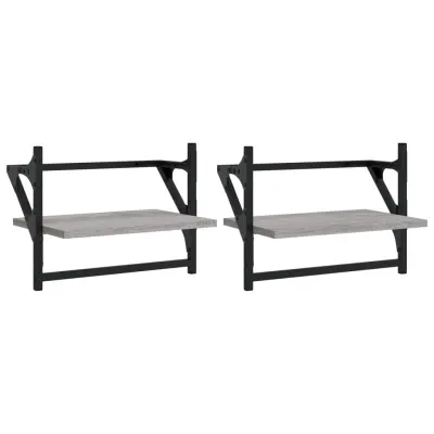 2 kosi Stenske Police - Viseče police s prečkami siva sonoma 40x25x30 cm