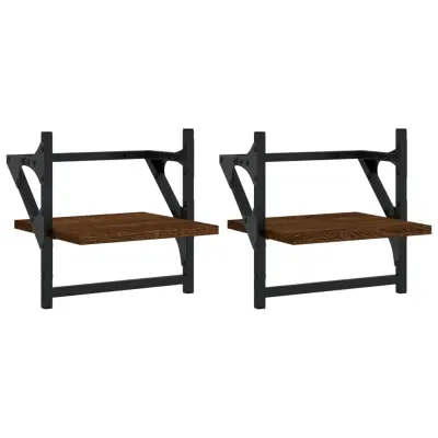 2 kosi Stenske Police - Viseče police s prečkami rjavi hrast 30x25x30 cm