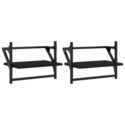 2 kosi Stenske Police - Viseče police s prečkami črne 40x25x30 cm