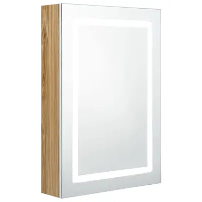 LED Kopalniška omarica - Kopalniški kabinet z ogledalom bela in hrast 50x13x70 cm