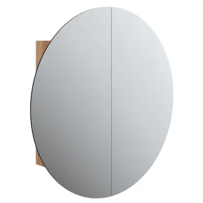 Kopalniška omarica - Kopalniški kabinet z okroglim ogledalom LED hrast 54x54x17,5 cm