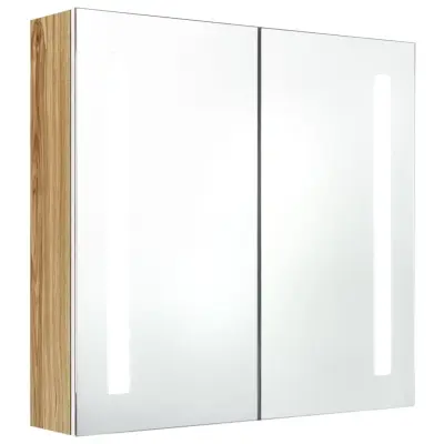 LED Kopalniška omarica - Kopalniški kabinet z ogledalom bela in hrast 62x14x60 cm