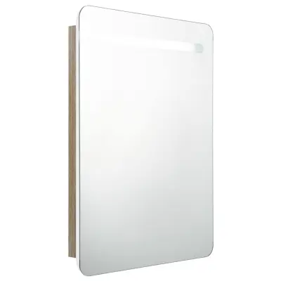 LED Kopalniška omarica - Kopalniški kabinet z ogledalom bela in hrast 60x11x80 cm