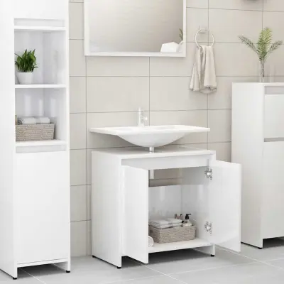 Kopalniška omarica - Kopalniški kabinet visok sijaj bela 60x33x61 cm iverna plošča