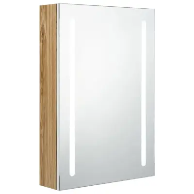 LED Kopalniška omarica - Kopalniški kabinet z ogledalom bela in hrast 50x13x70 cm