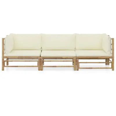 Seti vrtnega pohištva - Vrtna garnitura s kremno belimi blazinami 3-delna bambus