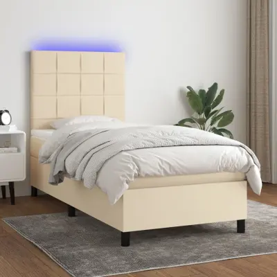 The Living Store Box spring postelja z vzmetnico LED krem 90x190 cm blago - Box Spring Postelja