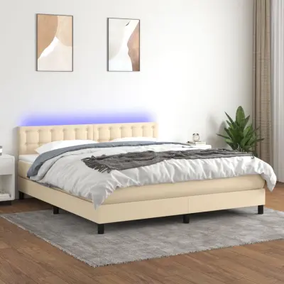 The Living Store Box spring postelja z vzmetnico LED krem 160x200 cm blago - Box Spring Postelja