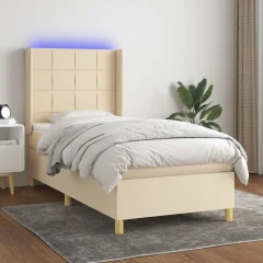 The Living Store Box spring postelja z vzmetnico LED krem 90x190 cm blago - Box Spring Postelja