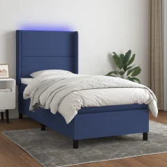 The Living Store Box spring postelja z vzmetnico LED modra 90x190 cm blago - Box Spring Postelja