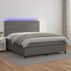 The Living Store Box spring postelja z vzmetnico LED siva 180x200cm umetno usnje - Box Spring Postelja