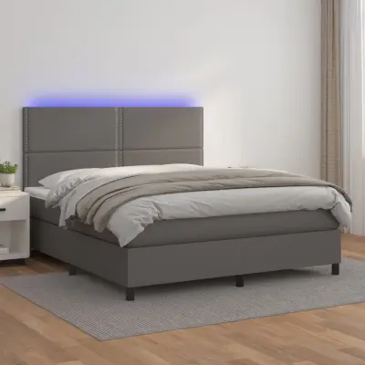 The Living Store Box spring postelja z vzmetnico LED siva 180x200cm umetno usnje - Box Spring Postelja