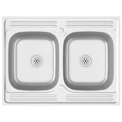 vidaXL Dvojno kuhinjsko pomivalno korito srebrno 800x600x155 mm