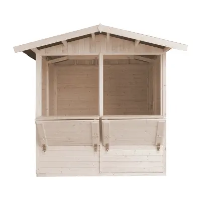 Lesen prodajni kiosk za zunanjo tržnico, prodajna stojnica s pultom, DVE OKNI, 263 x 253 cm - TIMBELA M149